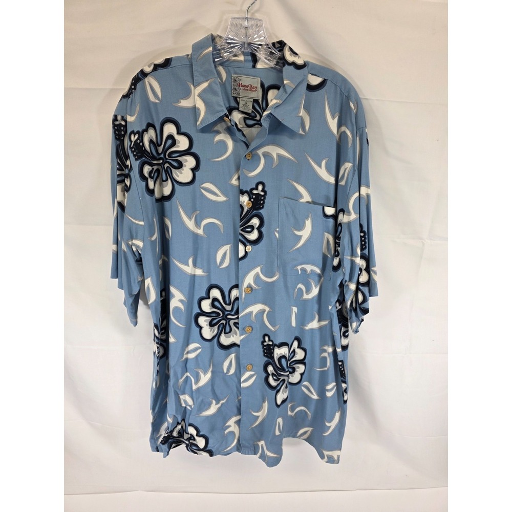Hana Bay Mens XL Blue Hibiscus Floral Rayon‎ Hawaiian Camp Shirt Short Sleeve